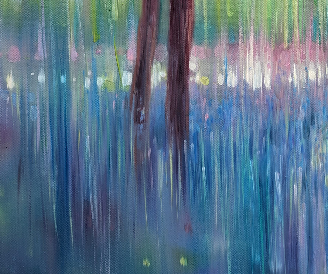 In His Element, a peacock in bluebell landscape painting
