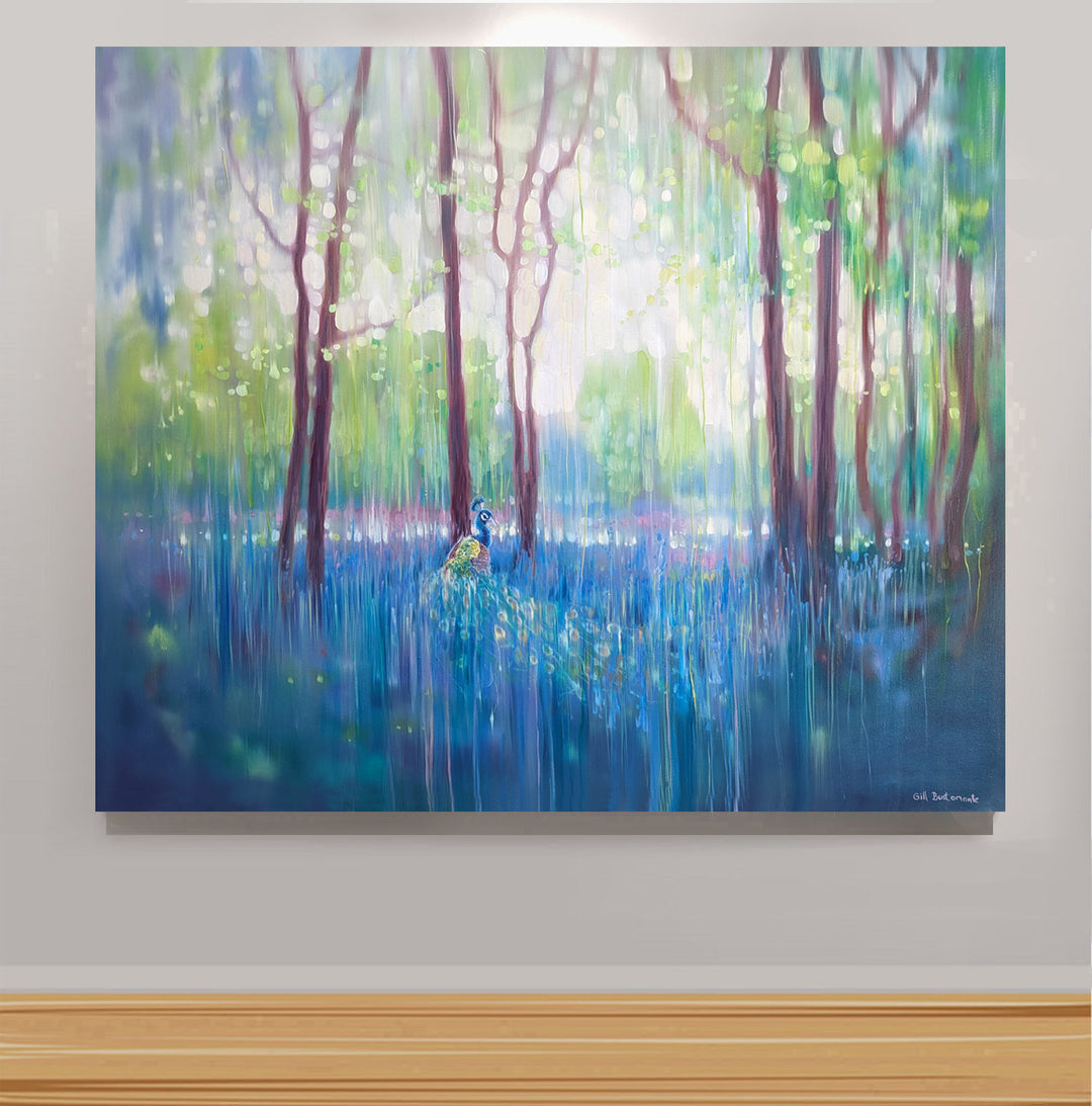 In His Element, a peacock in bluebell landscape painting